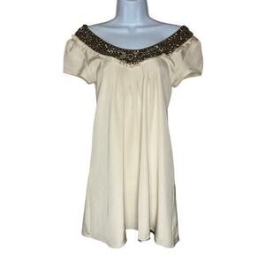 Alice + Olivia Silk Scoop Neck Tunic Dress Beaded Crystal Wide Neckline Sz Small